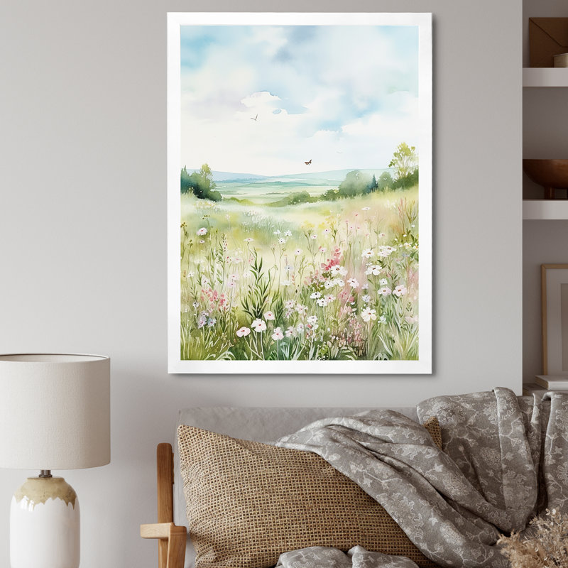 «Meadow Scenery Minimalisme Serenity I», reproduction, H 32 po x l 16 po x P 1 po, Cadre simple blanc
