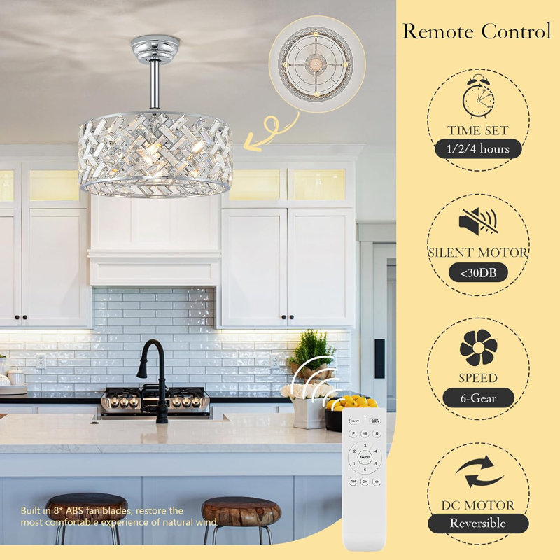Chrome Crystal Caged Ceiling Fans With Light, 18" Bladeless Ceiling Fan With Remote Control, 6 Speed Enclosed Ceiling Fan With Reversible Motor For Bedroom Kitchen Living Room