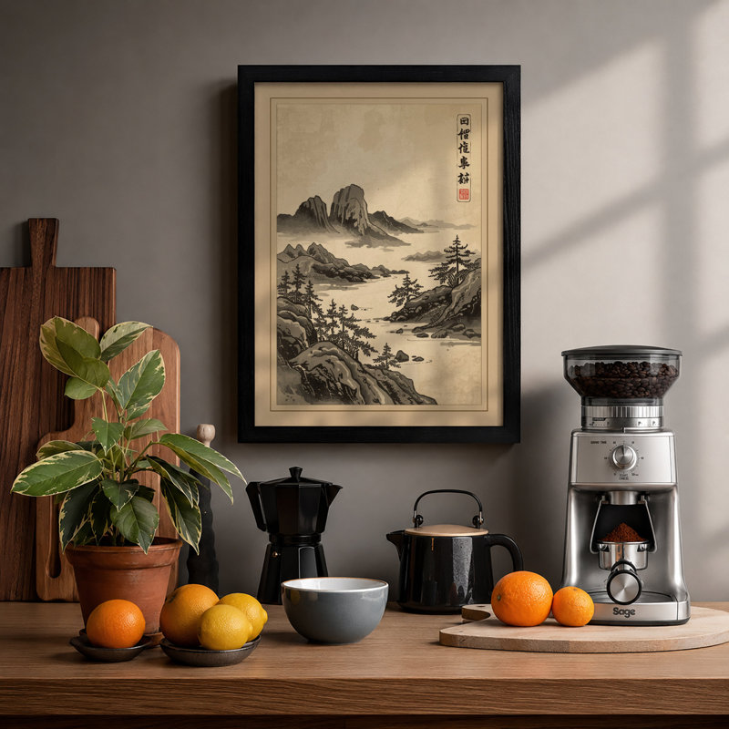 Remote Mountain Wilderness Japandi - Print, A2 - 59.4 x 42.0 cm, Black