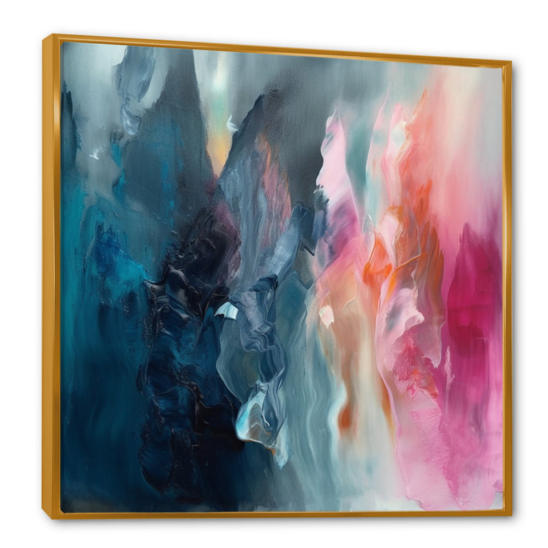 «Desyree Blue and Pink Spatula Abstract», art mural abstrait, L 16 po x H 16 po, Cadre flottant doré