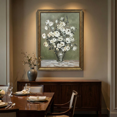 «White Blooms Traditional Green», art mural sur toile encadrée