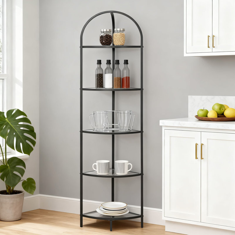 5-Tier Corner Shelf With Tempered Glass, Modern Metal Storage Rack For Bathroom, Books, And Plants, Space-Saving Design
