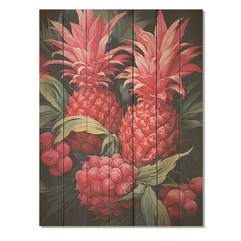 Impression d'ananas rustique rose II - ananas sur bois, H 40 po x l 30 po