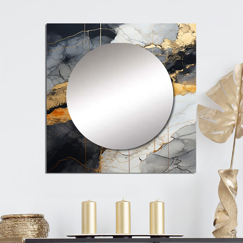 Wechsler - Minimalisme chrome or et orange poteries abstraites spirales carrées miroir mural pour chambre, 29 po x 29 po