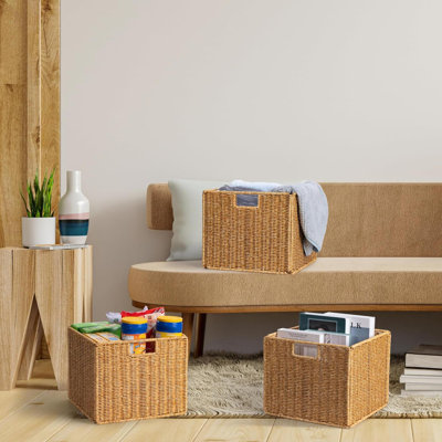 Wicker Storage Basket Set Of 3, Large Cube Basket, Foldable Square Baskets For Shelf