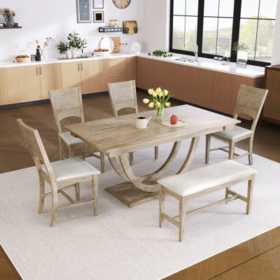 Ensemble de table de salle à manger en bois 6 pièces avec banc long et 4 chaises