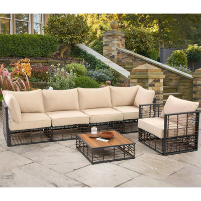 Grand Patio 6-Piece Wicker Patio Furniture Set, All-Weather Outdoor Conversation Set Sectional Sofa With Water Resistant Beige Thick Cushions And Coff -  Kozart, ALQ-CH2406