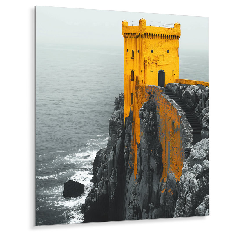 Monochromes jaunes, gris, hiver, bord de mer, château I, impression d'art mural, Métal métal, H 32 po x l 24 po x P 1 po