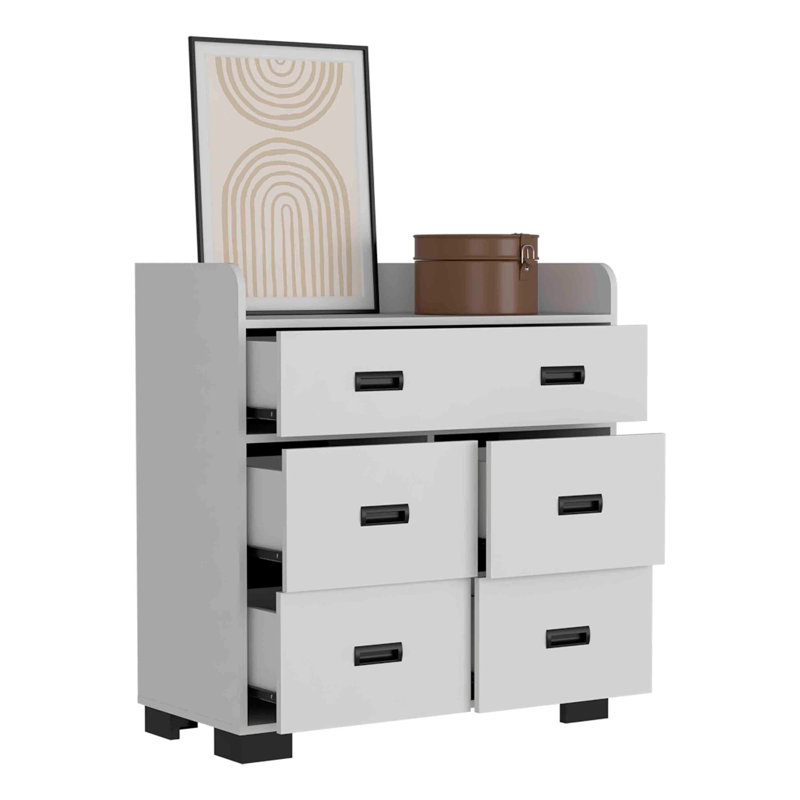 Commode Alyn, quatre pieds, quatre tiroirs, un double tiroir, plateau supérieur blanc