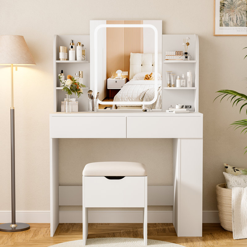 Vanity Desk with Mirror and LED Lights, Makeup Vanity Table with 3 Lighting Color, Adjustable Brightness, Vanity Table with 2 Drawers, Side Storage, for Bedroom
