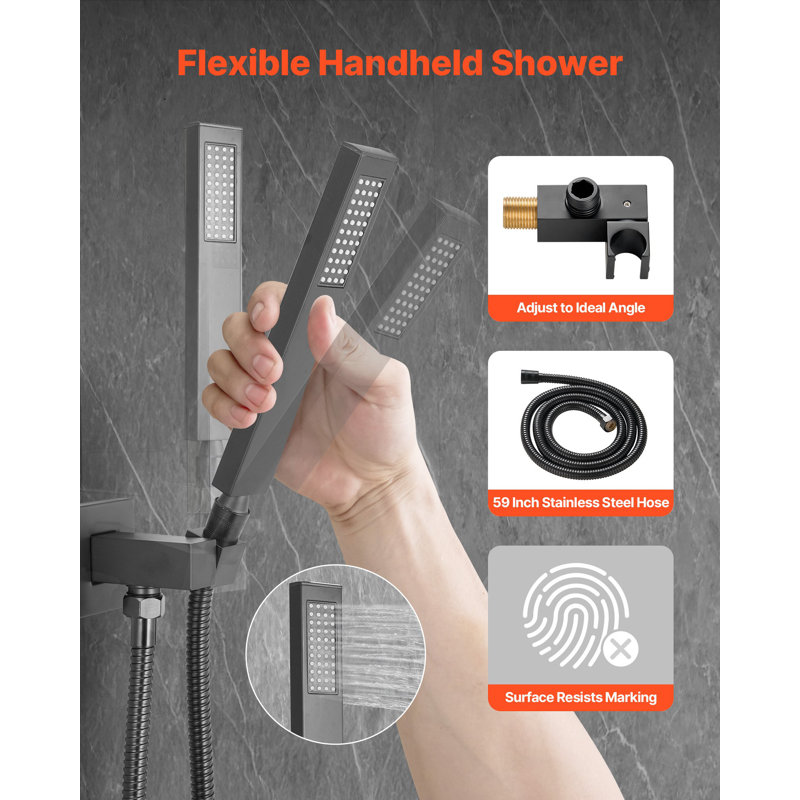 Shower Faucet Set, Rainfall Bathroom Shower System With 12-Inch Square Rain Shower Head And Handheld Spray, Ceiling Mount Bath Fixtures With Brass Valve And Trim Kit, Matte Black