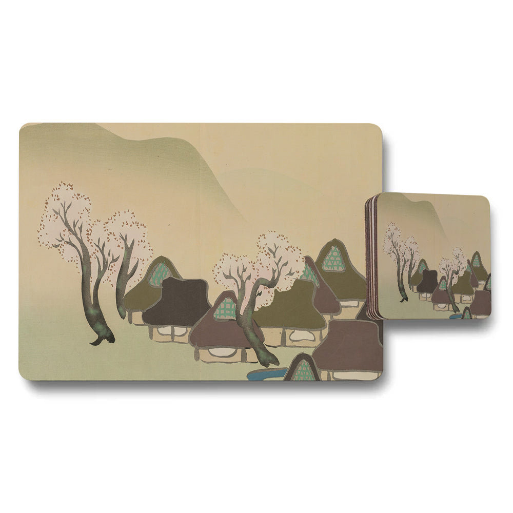 Village Landscape Placemat And Coaster Set With Rustic Houses Artwork