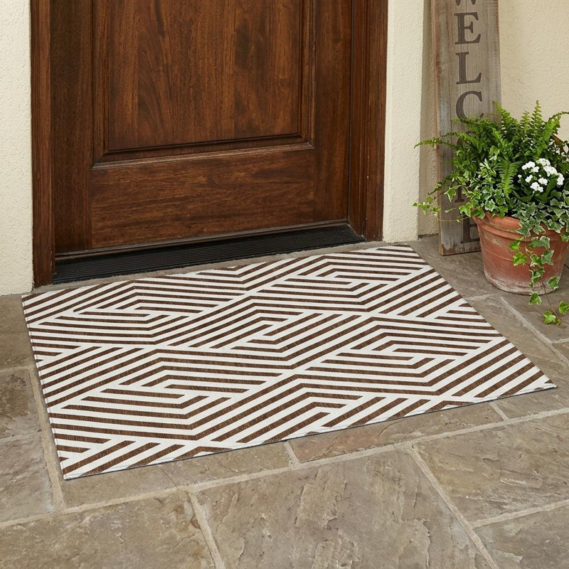 3' X 5' Brown and White Geometric Washable Non Skid Indoor Outdoor Area Rug