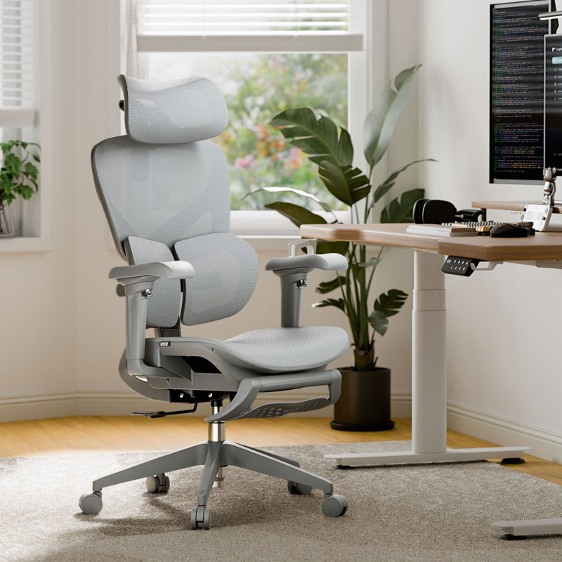 Chaise de bureau ergonomique en filet avec profondeur d'assise réglable, soutien lombaire dynamique et repose-pieds, Gris
