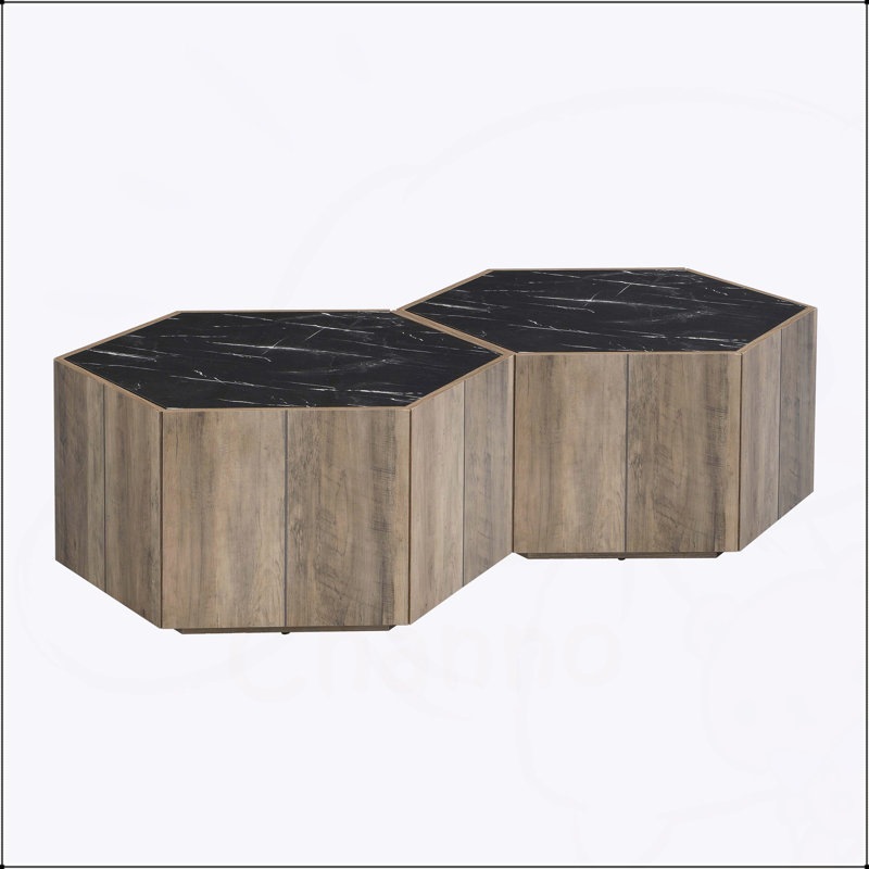 Table basse Hexagonal Rustic, Noir, Marron clair