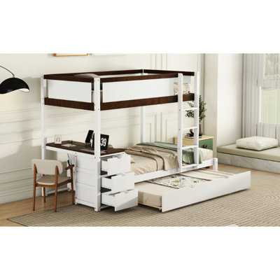 Lit superposé Twintwin avec rangement de bureau en blanc élégant + blanc noyer + lit gigogne et bureau en noyer. Space Space Solution. Convient aux maisons modernes