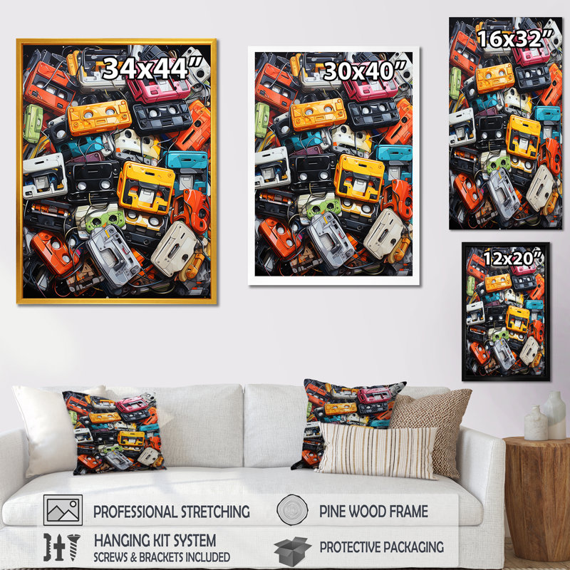 Colourful Colorful Art Melodic Tapes VI - Cassette Tapes Wall Art, Cadre flottant noir, H 44 po x l 34 po x P 1,5 po