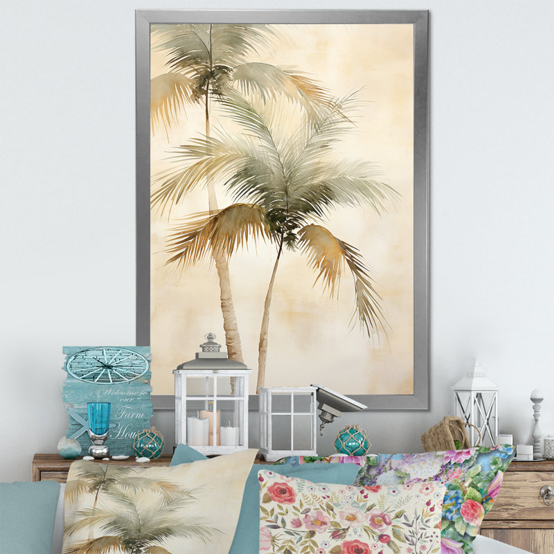 Rétro palmiers tropicaux rétro sur toile, Encadrement argenté, H 40 po x l 30 po x P 1,5 po