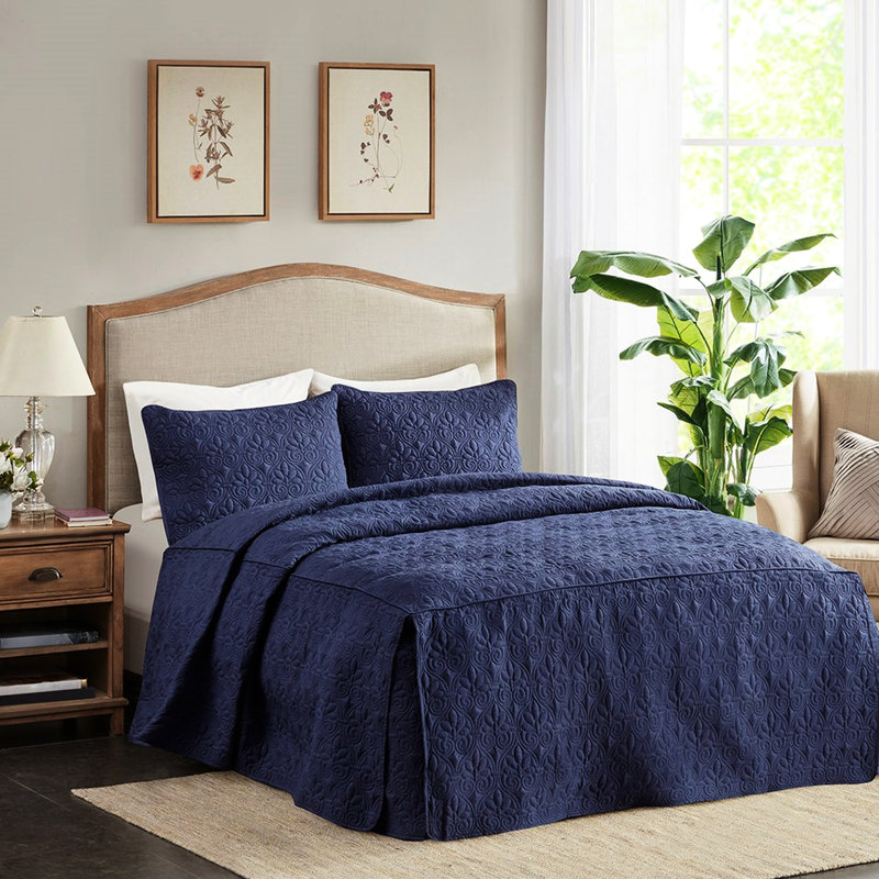 Ensemble de couvre-lit 3 pièces bleu marine, Couvre-lit de grande taille et 2 taies décorative, Marine
