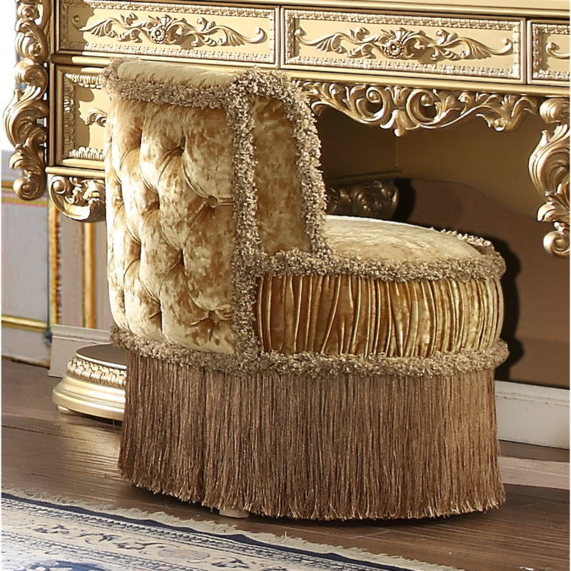Metallic Gold Hand Carved Vanity Stool with Tufted Back