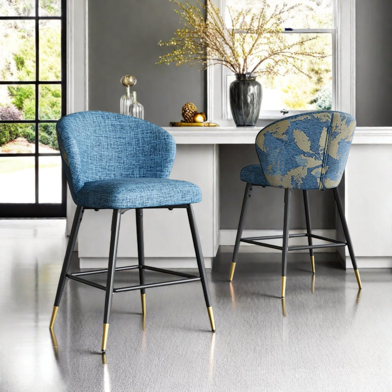 Knox Upholstered Bar Stools With Footrest, Blue/Gold