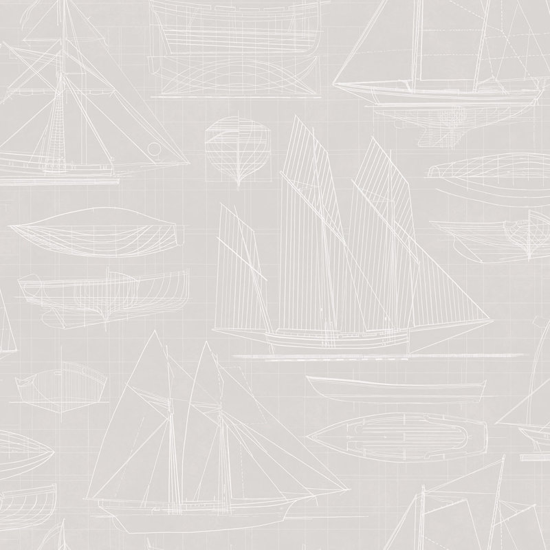 Deauville 2 Nautical Blueprint Wallpaper Roll, Beige/White