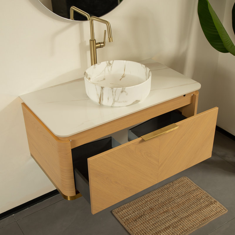 Armoire de salle de bain suspendue Absher de 36 pouces avec lavabo en céramique, éclairage à capteur, tiroirs à fermeture coussinée et comptoir en pierre frittée - finition noyer ou espresso