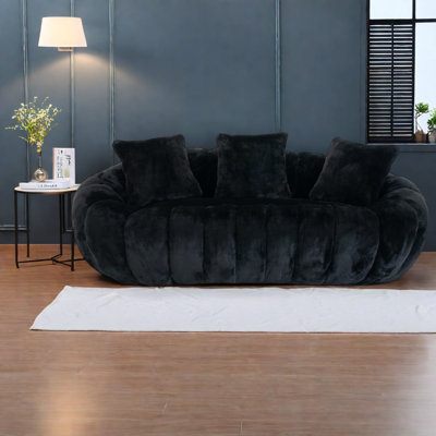 Floral Design Black Faux Fur Sofas, Ultra-soft Large Two-seater For Home