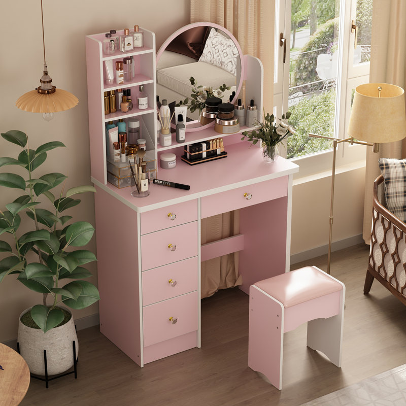 5-Drawer Vanity Set with Standing Mirror and Stool, Pink