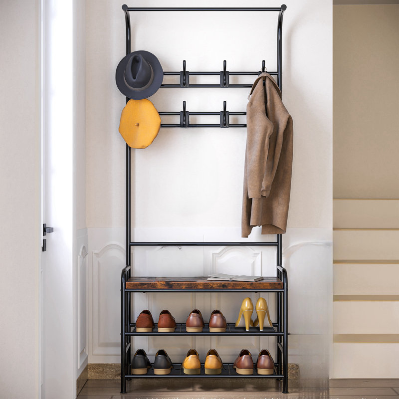 4-in-1 Hall Tree Shoe Bench For Entryway, Coat Tree With Bench Storage Shelf And 8 Hooks, Brown/Black