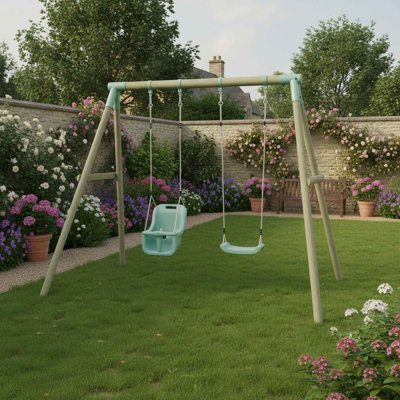 Mercia Wooden Round Pole Double Swing - Single Swing & Baby Seat