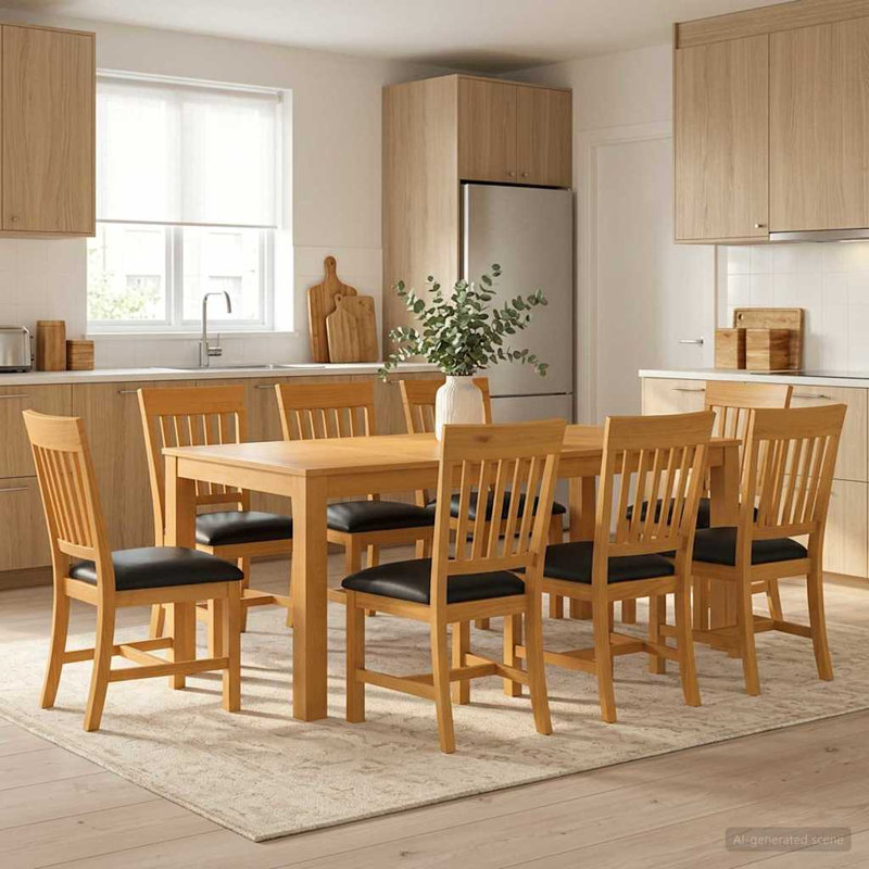 Oak Solid Wood Dining Set, 75cm H x 200cm W x 100cm D, 9