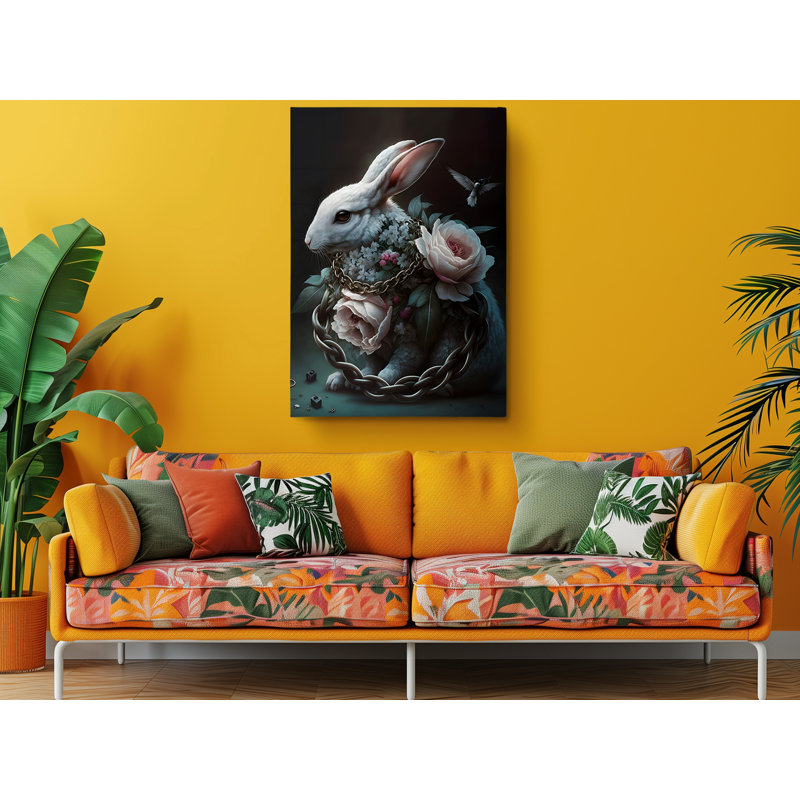 Lapin avec des fleurs sur toile, H 24 po x l 16 po x P 1 po