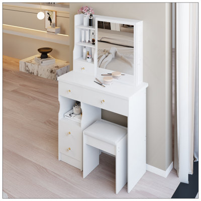 29.2" Small Space Left Drawer Desktop Vanity Table + Cushioned Stool, Extra Large Right Sliding Mirror, Multi Layer High Capacity Storage, Practical Fashionable Dresser, Suitable For Small Space