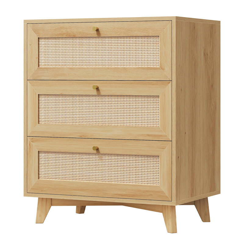 Rattan Nightstand with 3 Drawers & USB Charging Port Modern Bedroom Night Stand (Natural), Natural