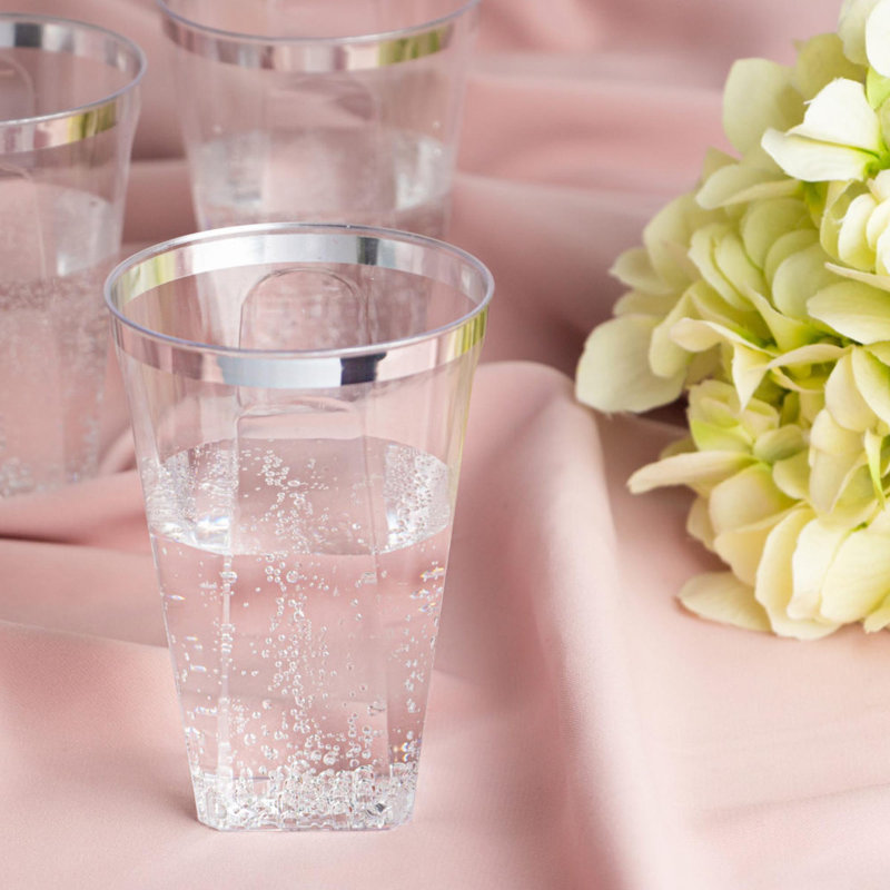 Gobelets carrés en plastique transparents 10 oz avec bordure argentée Ecoqualité 30 invités