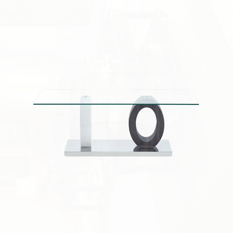 Table basse sur rail avec plateau en verre et base argentée