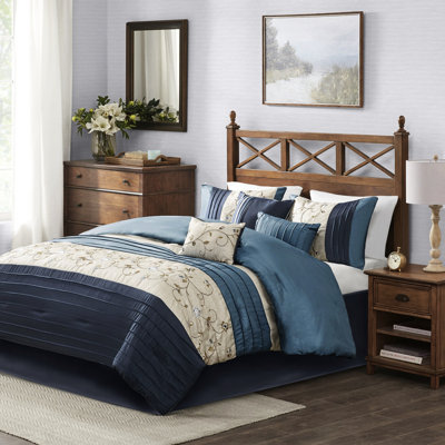 Édredon bleu marine - broderie élégante 7 pièces, 2 taies décoratives, 3 coussins décoratifs, 1 jupe de lit, pièces de taille charmante lavables à la machine avec tissu, traitement antirides