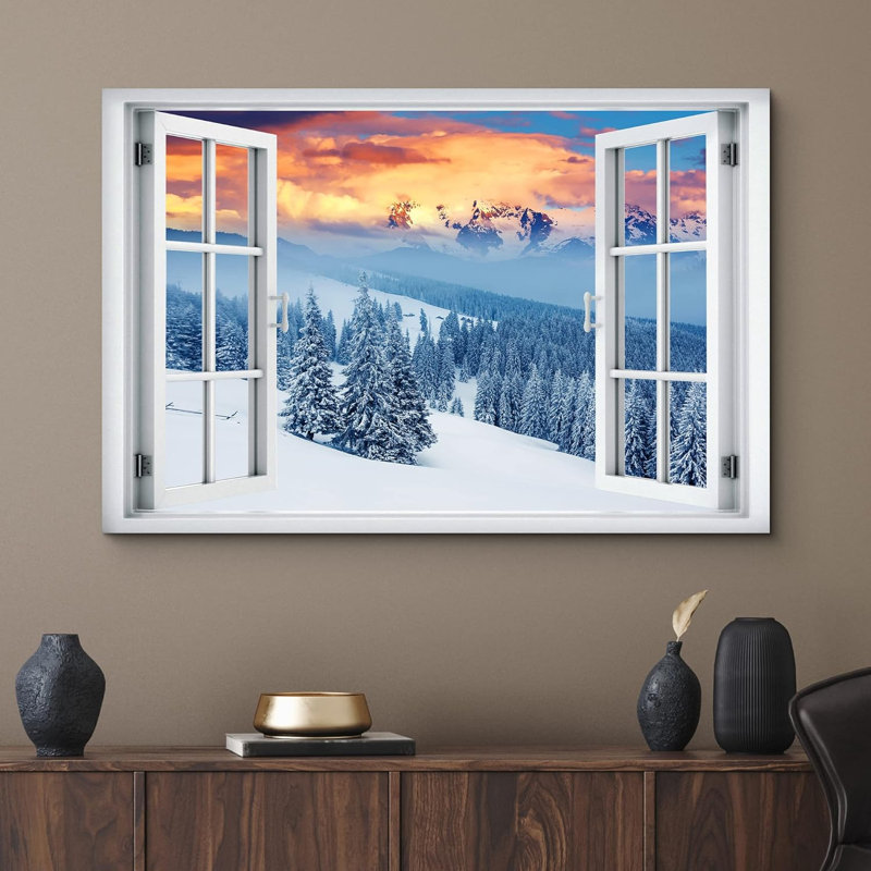 «Window View Winter Window Wonderland Mountain Pine Trees Nature Images Scenic Landscape» sur toile, H 12 po x l 18 po