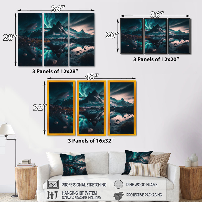 Aurores boréales magiques «Northern Lights I», reproduction sur toile 3 pièces, H 28 po x l 36 po x P 1 po