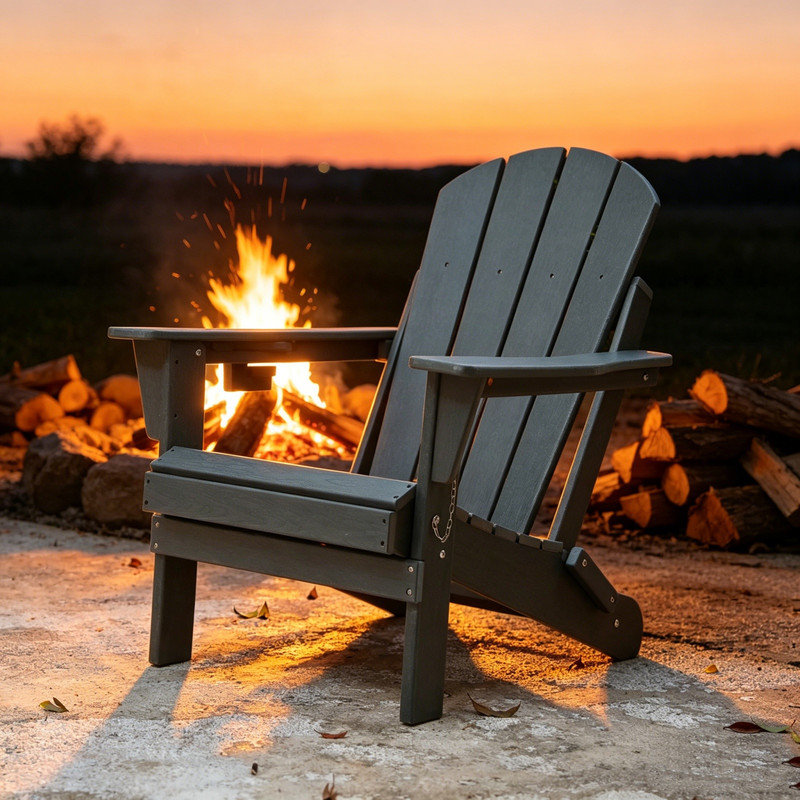 Chaise Adirondack pliante grise en composite avec deux porte-gobelets et une texture en bois pour la terrasse de la piscine extérieure, 2 pièces
