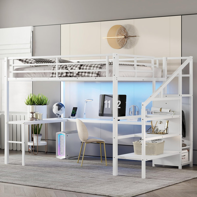 Lit mezzanine simple noir de très grande taille avec bureau en L, garde-robe, rangement pour escalier, charge USB, éclairage à DEL, escalier interchangeable gauche / droite, aucun sommier nécessaire
