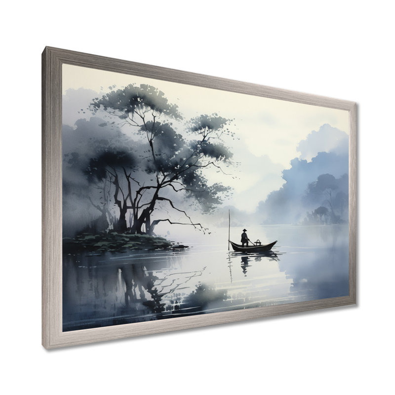 «Asian Art Ink Lake II», art mural asiatique, H 30 po x l 40 po x P 1,5 po, Cadre simple argenté