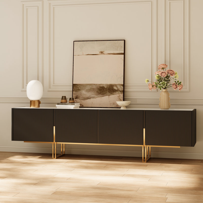 Pierpoint Modern Luxury TV Stand, Entertainment Center with Faux Marble Top, TV Console with Gold Stainless Steel Legs