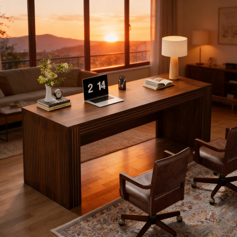 Bureau d'ordinateur de 79 pouces (200,7 cm), design minimaliste, couleur noyer brun, double espace de travail, panneau E0, pieds réglables élégants, grand plateau pour une stabilité optimale.