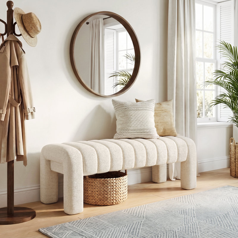 Banc rembourré sans dossier Oyan, Lin beige, H 17 po x l 43,3 po x P 17,3 po