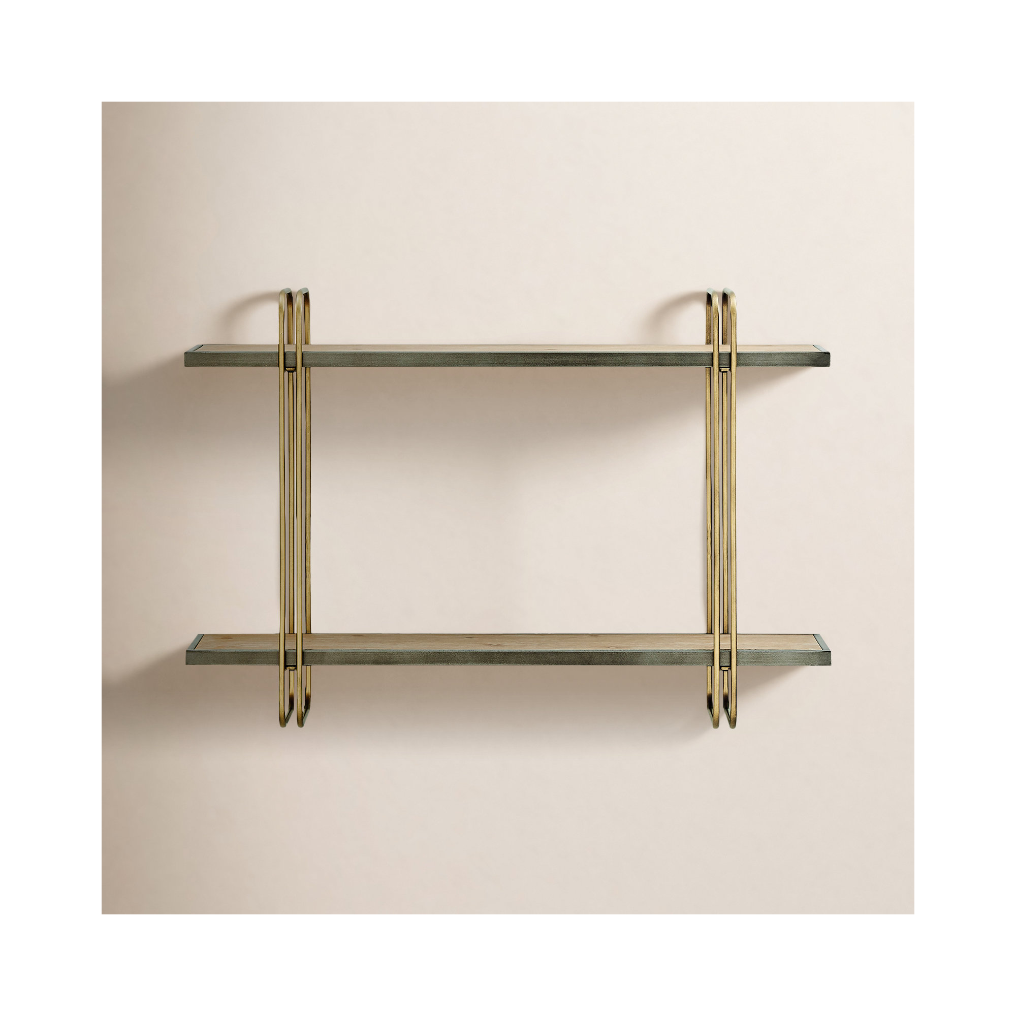 Doncia Two-Tier Warm Gold And Washed Oak Brown Metal Hanging Bracket Wall Mounted Shelf