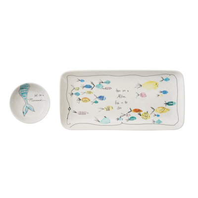 Illustration de plat rectangulaire en grès côtier avec vaisselle, sirène et vie marine