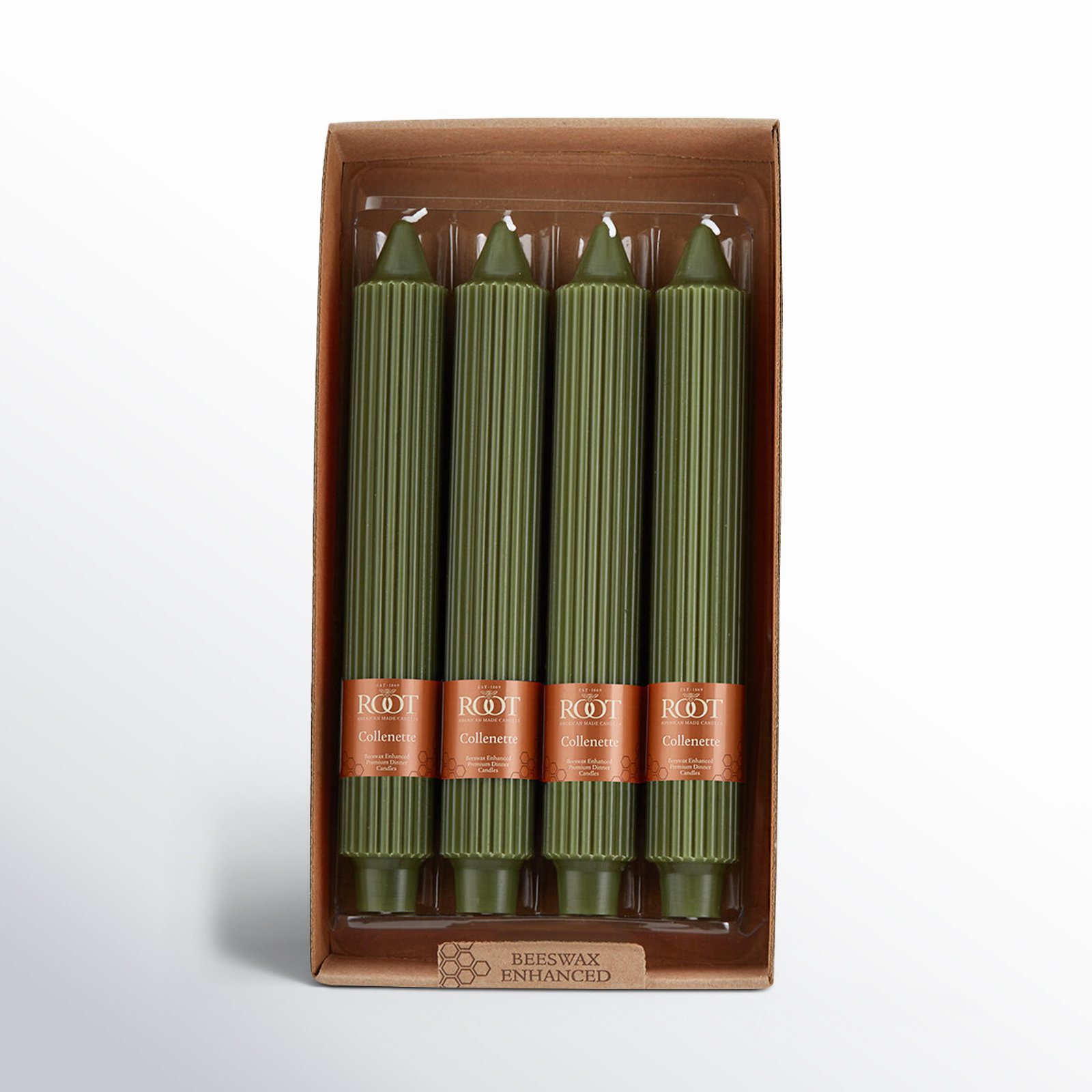 Grecian Collenette Unscented Taper Candle, Dark Olive, 9" H x 1.25" W x 1.25" D