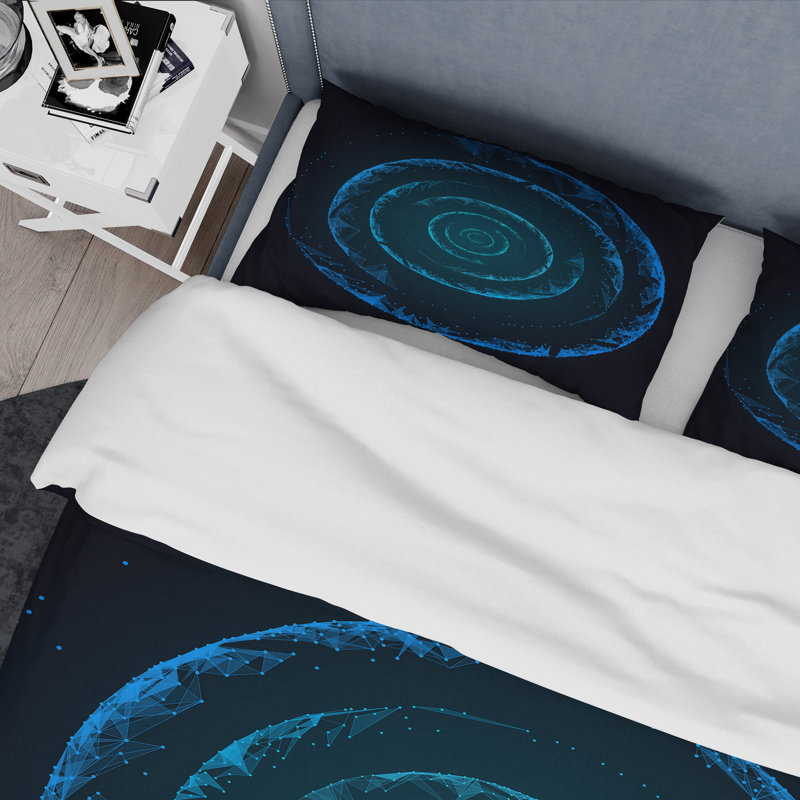 Spirale concentrique bleue sur fond noir - ensemble de housse de couette moderne - microfibre de polyester